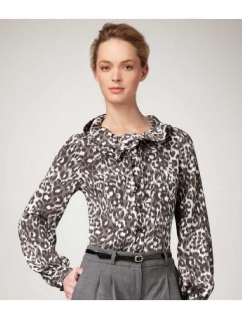 Kate Spade Women's Lynette Leopard Print Ruffle Collar Silk Blouse Size 4